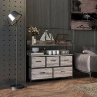 Comò 5 Cassetti in Tessuto Piegevoli e Rimovibili, con Ripiani, in Stile Industriale, 98l x 29P x 85H cm, Grigio