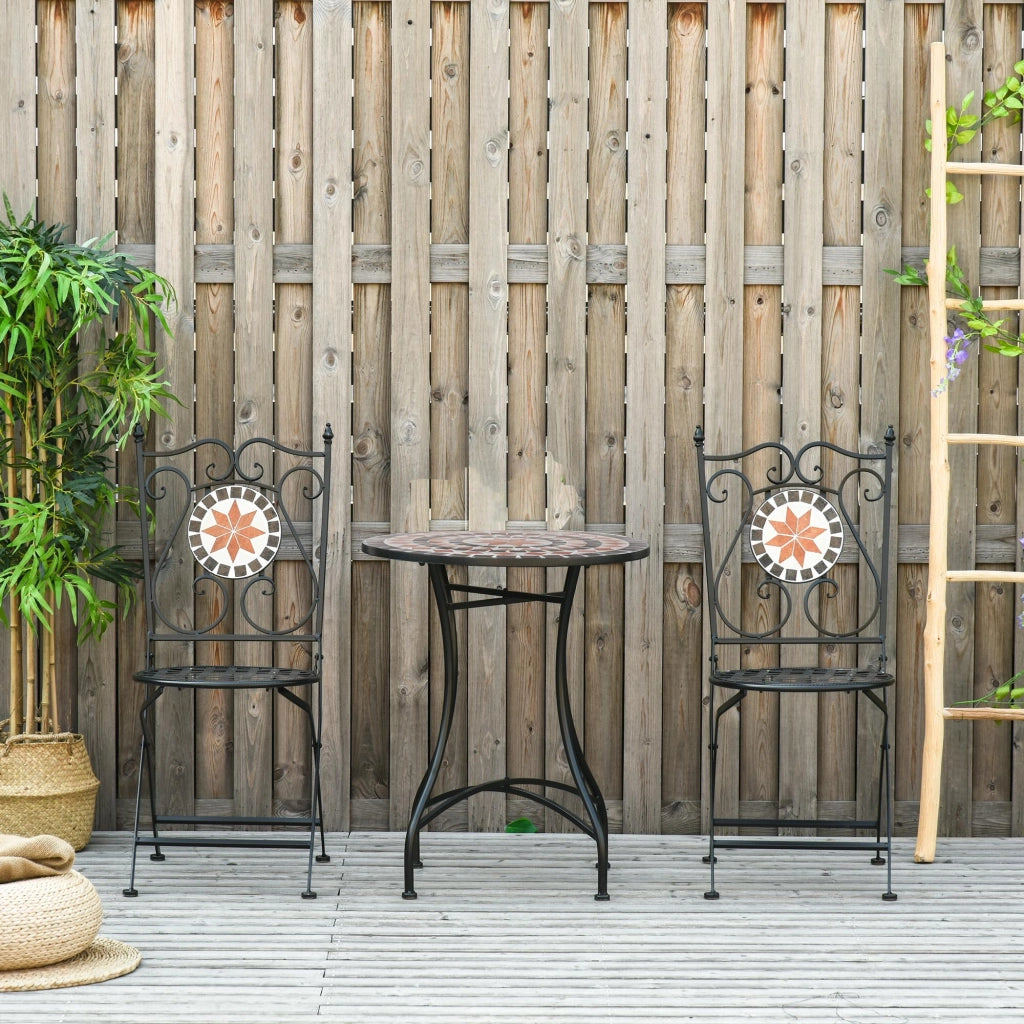 Set Tavolo e 2 Sedie Pieghevoli da Giardino  con Mosaico in Metallo Nero