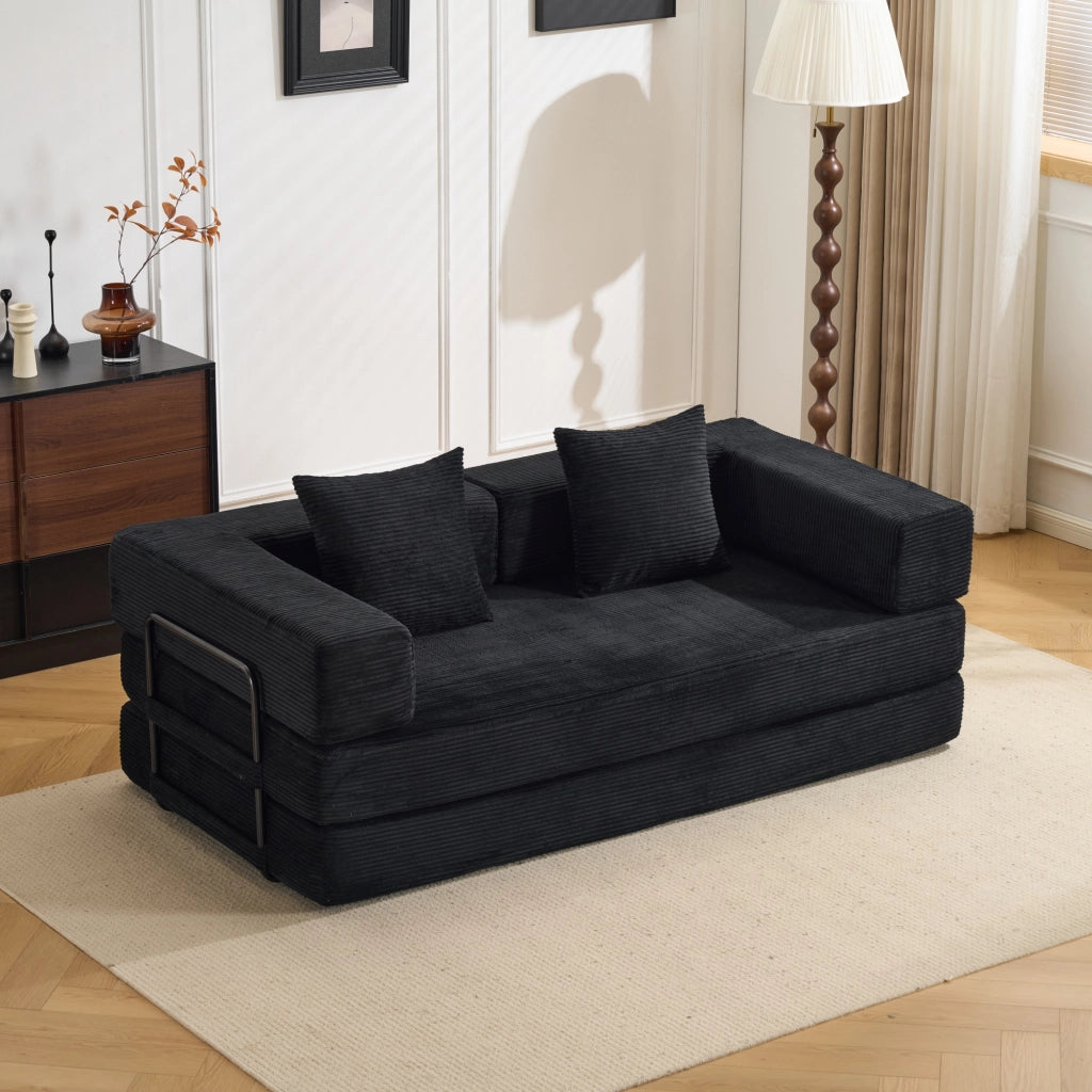 Divano letto pieghevole da pavimento con braccioli e schienale - in corduroy nero