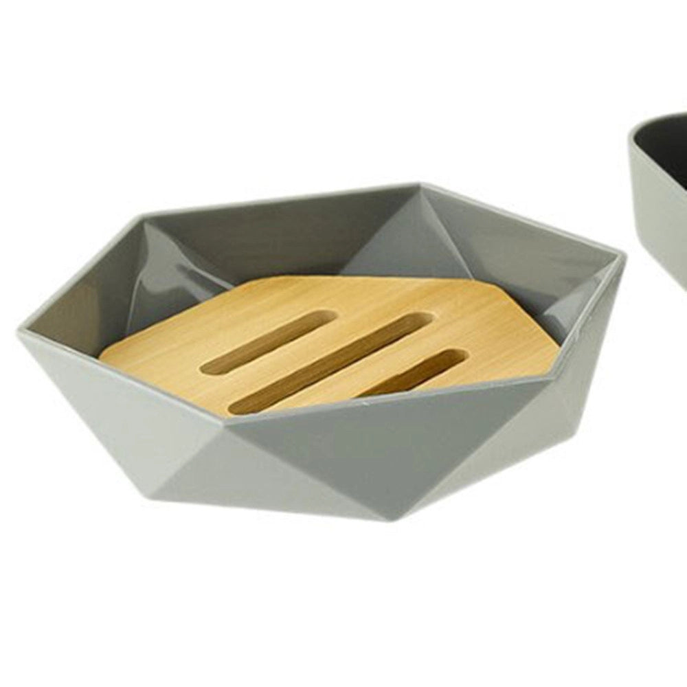 Trade Shop - Piattino Porta Sapone Saponetta Forma Esagonale Geometrico Grigio Legno Da Bagno 10848 -