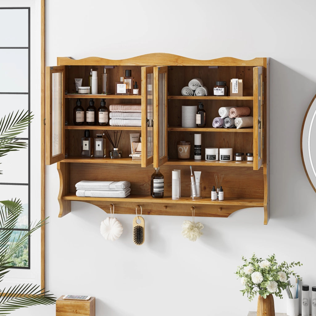 Armadio Pensile Retrò con 4 Ante; 2 Livelli e Spazio Aperto con Ganci; in Legno Massello e Vetro; 100×20×80 cm; Naturale