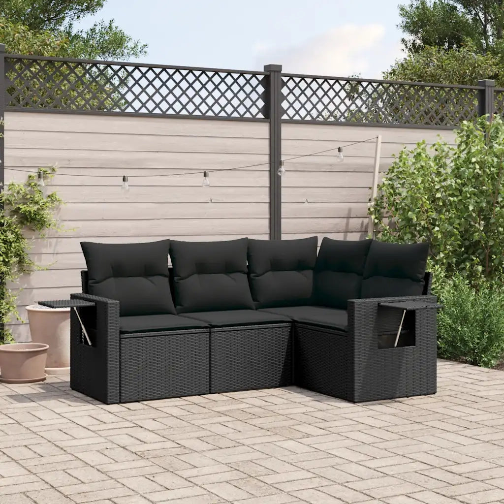 Set Divani da Giardino 4 pz | Set Salotto da Giardino con Cuscini Nero in Polyrattan