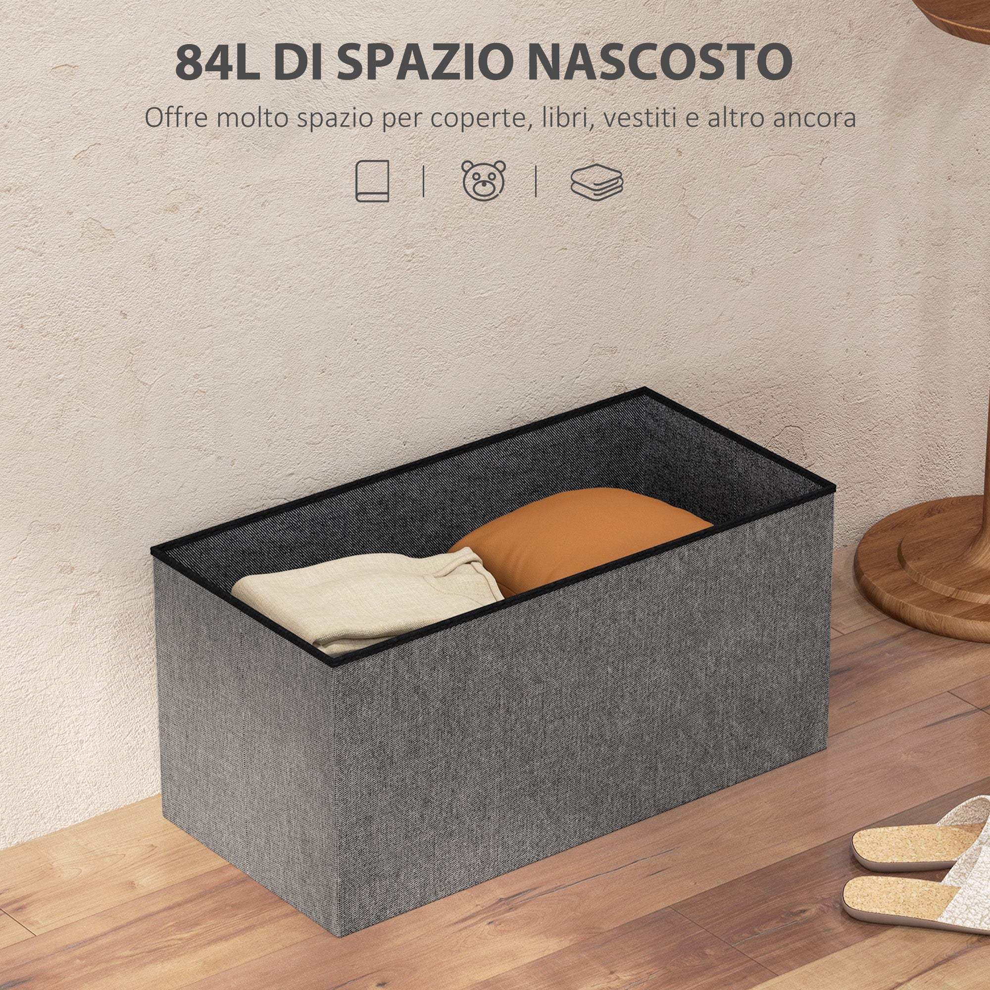 Panca Contenitore Pieghevole 84L 76x38x38 cm in Tessuto Grigio Scuro