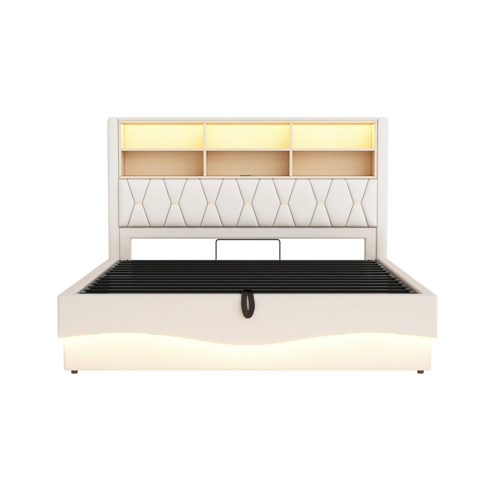 Letto matrimoniale imbottito 180x200 con contenitore idraulico; LED e USB; beige