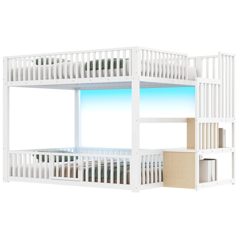 Letto a castello 140x200 cm con scala contenitore e LED; bianco; in MDF e metallo