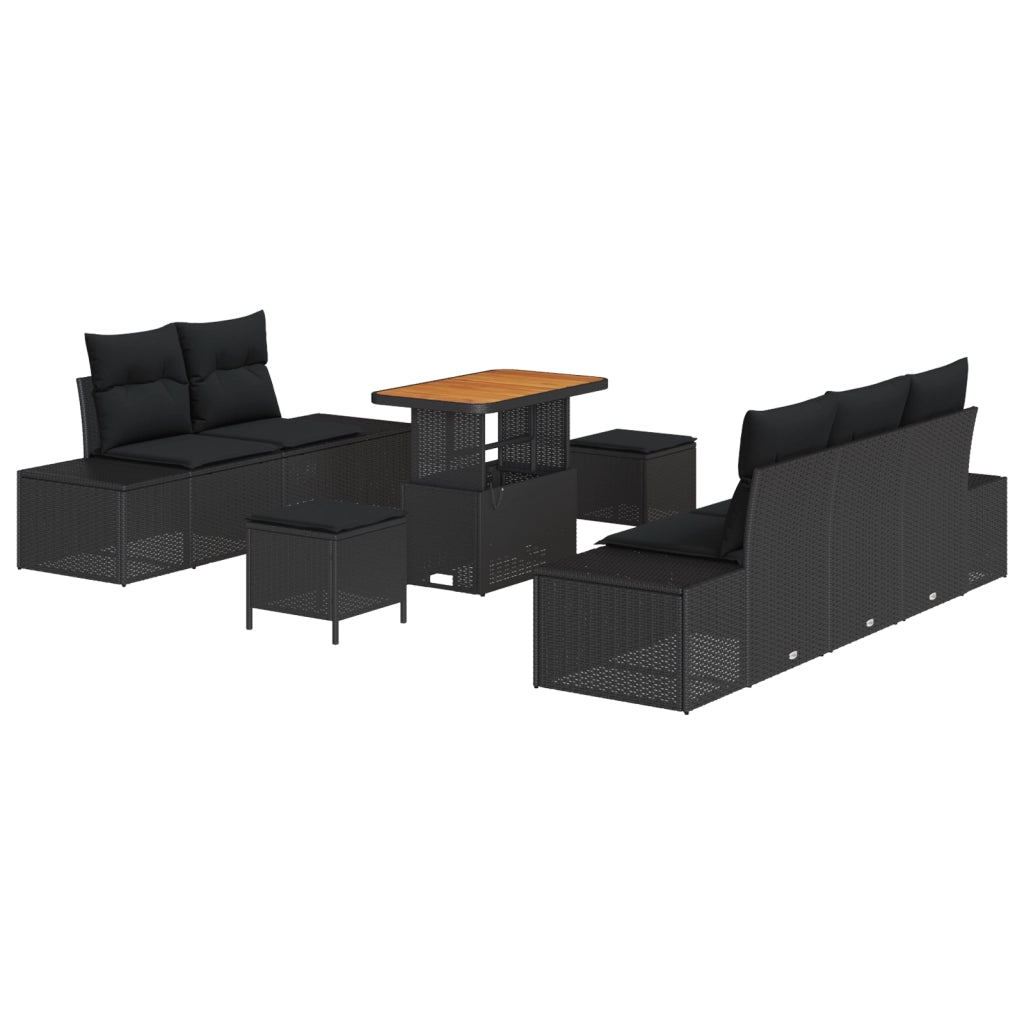 Set di divani da giardino 8 pezzi con cuscini nero polirattan acacia
