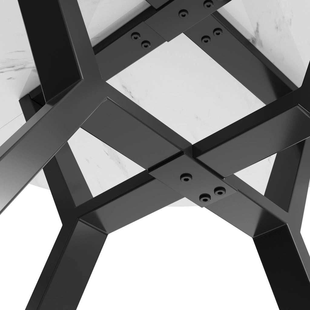 Tavolo da pranzo rotondo con piano effetto marmo e base in metallo a x per sala da pranzo