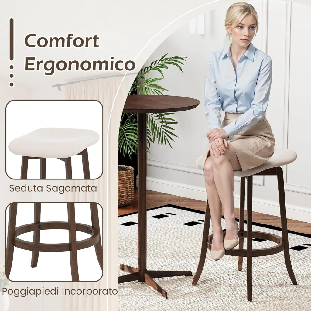 Set di 2 Sgabelli da Bar Girevoli, Sgabelli da Bar senza Schienale di 74 cm con Sedili Imbottiti e Gambe in Legno Massello, Sedie per Isola Cucina con Poggiapiedi per Sala da Pranzo
