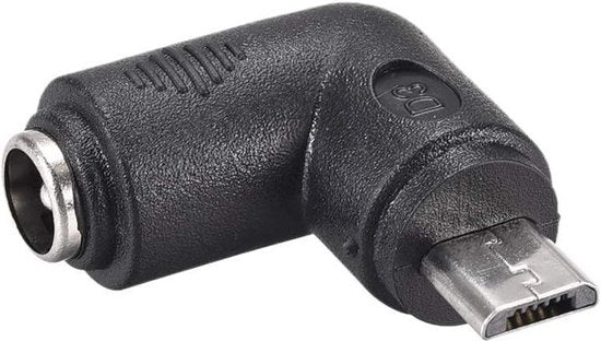 Convertitore DC 90 gradi a micro USB con interfaccia 5,5 mm x 2,1 mm con accessori inclusi.