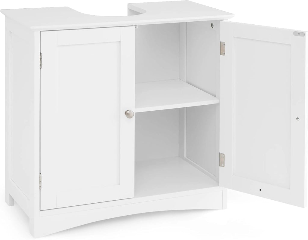 Mobile Sottolavabo per Bagno, Armadietto a Terra con 2 Ante, Ripiano e Taglio a U 22 x 19cm, Organizzatore Moderno e Salvaspazio per Prodotti da Toeletta e Asciugamani, Bianco