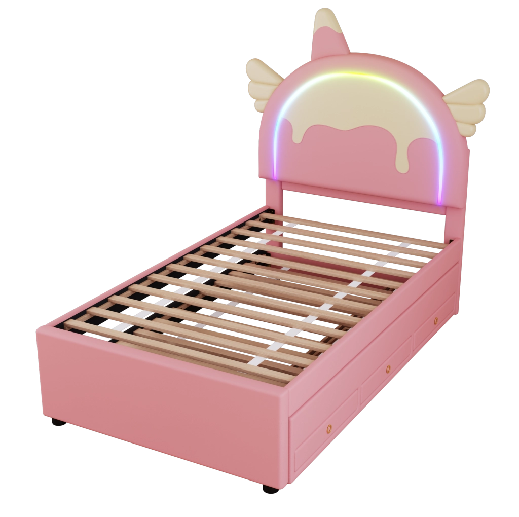Letto per bambini 90x200 cm; con letto estraibile; PU; rosa