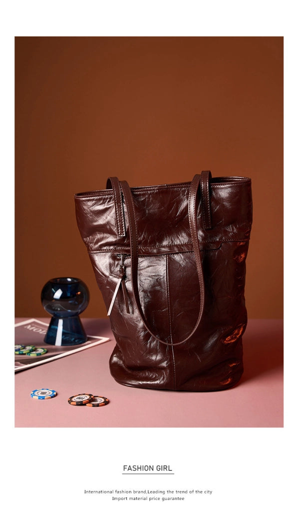 Borsa a secchiello da donna in pelle di vacchetta, grande capacit¨¤, stile retr¨°, borsa a tracolla, marrone