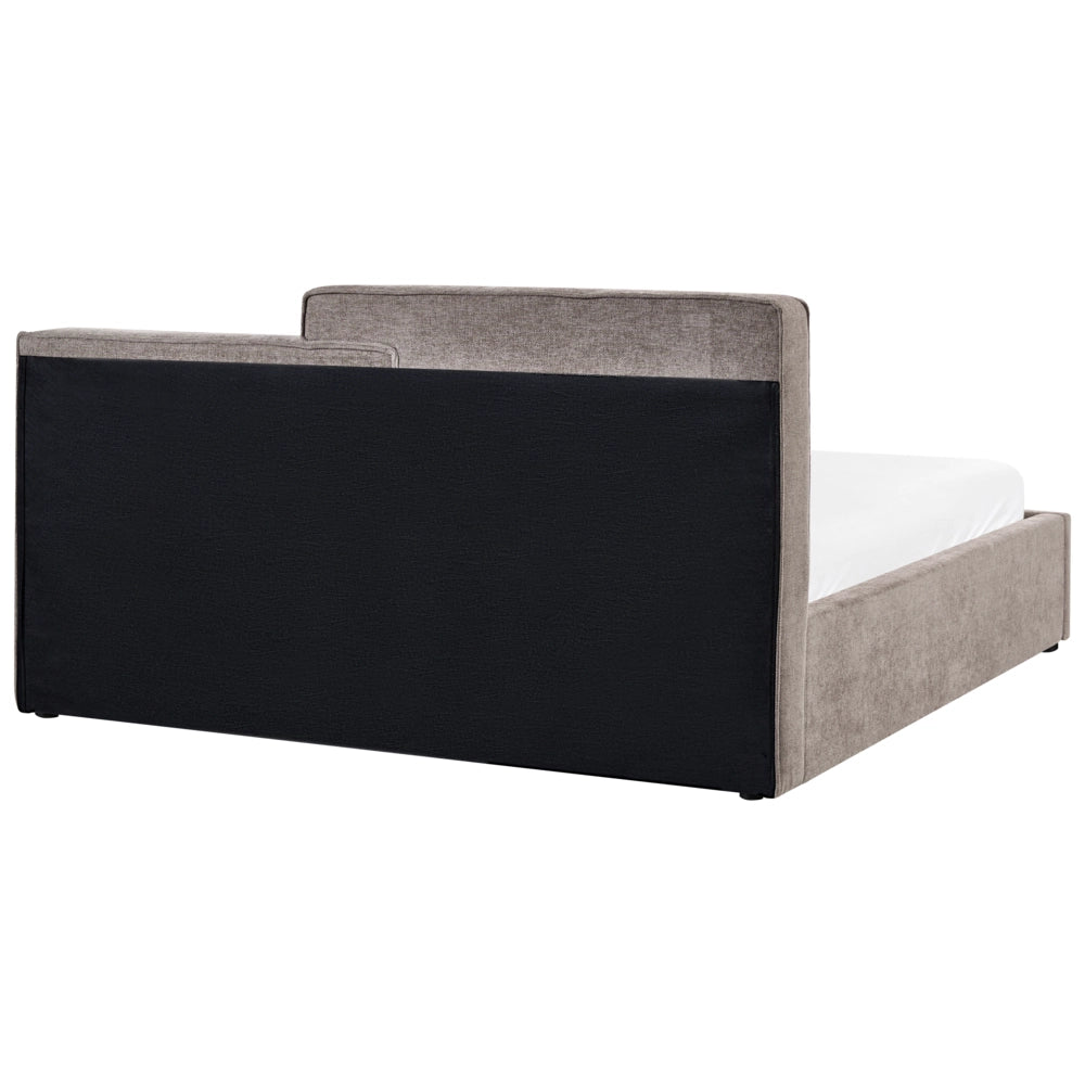 Letto contenitore rivestito in tessuto grigio marrone 180 x 200 cm testiera asimmetrica a gradini in stile scandinavo