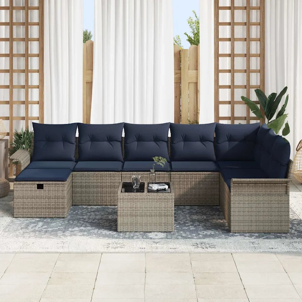 Set Divano da Giardino 9 pcs Grigio e Blu Navy polyrattan 3358944