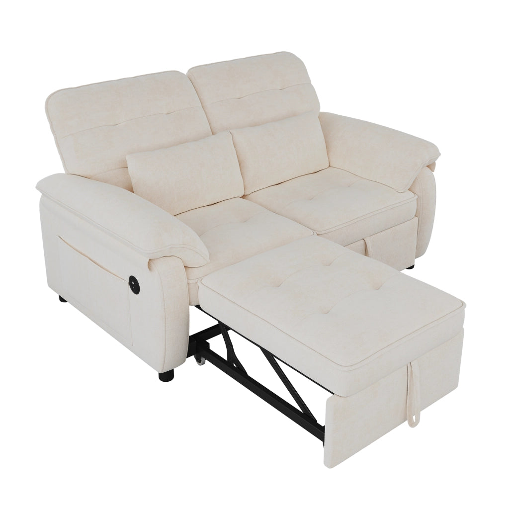 Divano letto 3 in 1 convertibile 142 cm in chenille beige con porta USB e Type-C