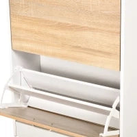Scarpiera con 2 Ante Ribaltabili, 2 Compartimenti per Ripiano, Cassetto, Piatto in Vetro, Legno Rovere e Bianco