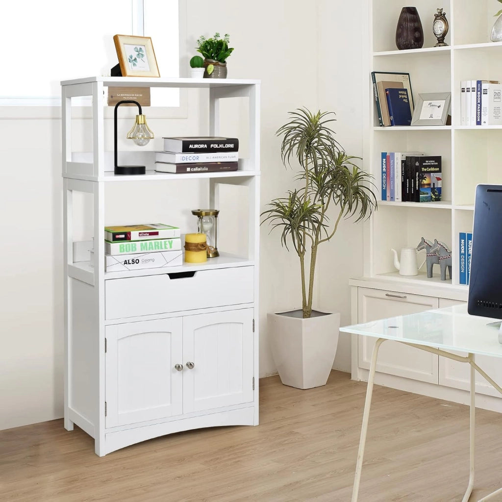 Mobile portaoggetti con ripiano a 3 livelli, armadio alto in legno, dispositivo antiribaltamento, cassetto e armadio a 2 ante, moderno, 60 x 32,5 x 122 cm (bianco)
