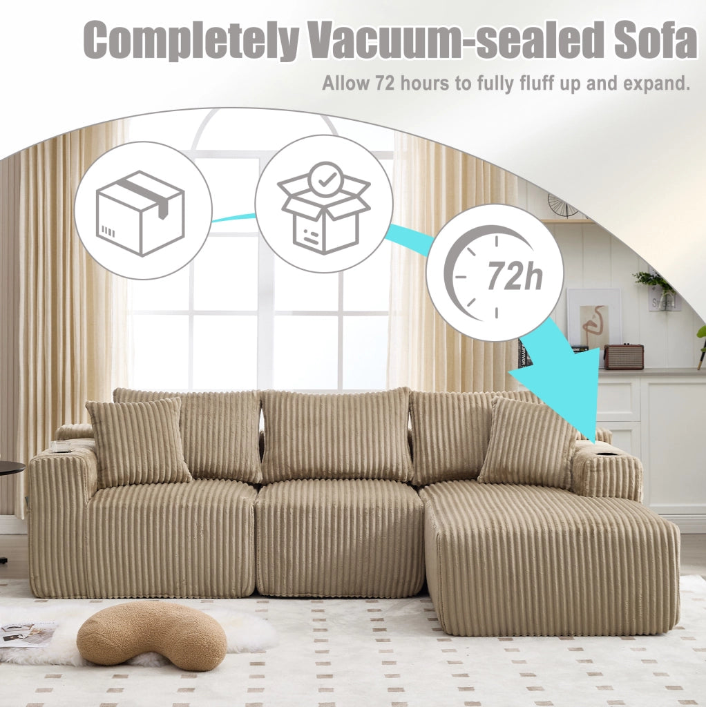 Divano modulare con chaise longue e 2 posti; rivestimento in velluto a coste color khaki; 257 cm