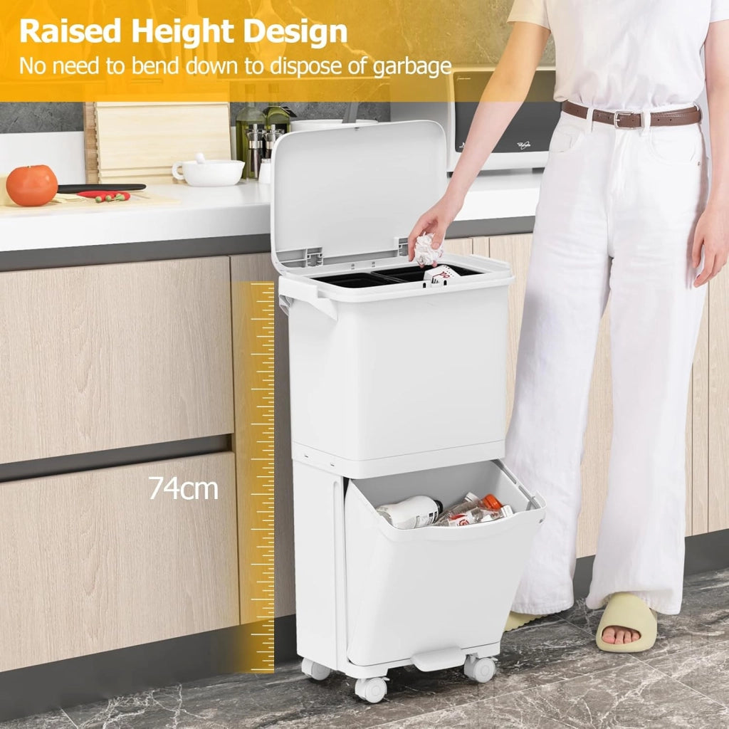 Bidone della Spazzatura da Cucina 36L, Doppio Strato con 3 Secchi Rimovibili, Etichette per Classificazione, Contenitore con Ruote per Raccolta Differenziata(36 L)