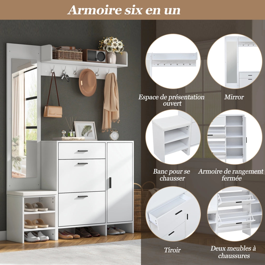 Mobile ingresso con 1 cassetto; 2 ante ribaltabili; 1 anta; 7 vani; 6 ganci; specchio e panca; per ingresso; 140 × 30 × 200 cm