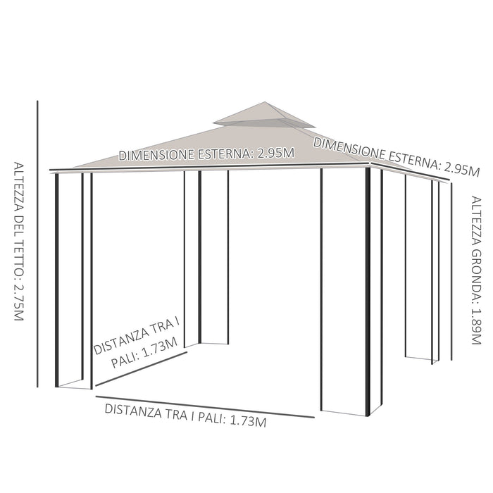 Gazebo da Giardino 3x3 m con Doppio Tettuccio in Metallo e Poliestere Beige