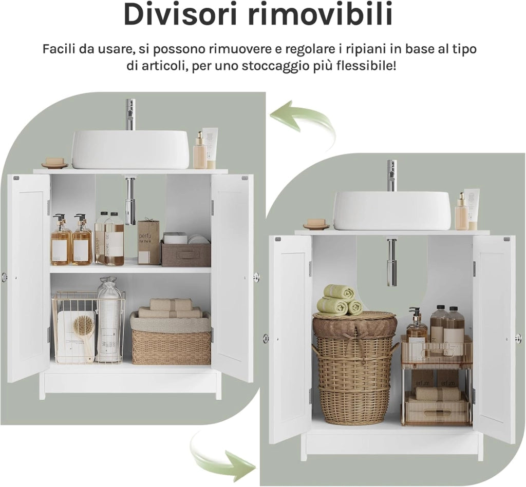 Mobile da Bagno Sottolavello, Mobiletto da Bagno Bianco, Mobile Sotto Lavabo, con Ripiano Regolabile, 50x60x30 cm