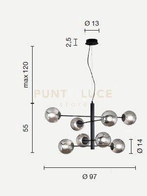 SOSPENSIONE ELISEO 8 LUCI ATTACCO E14 ORO E AMBRA D. 97CM IN VETRO SOFFIATO E METALLO