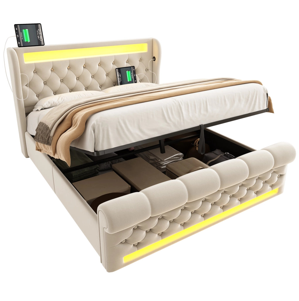 Letto matrimoniale 140x200 cm in velluto beige con LED; USB e Type C; contenitore idraulico; materasso incluso