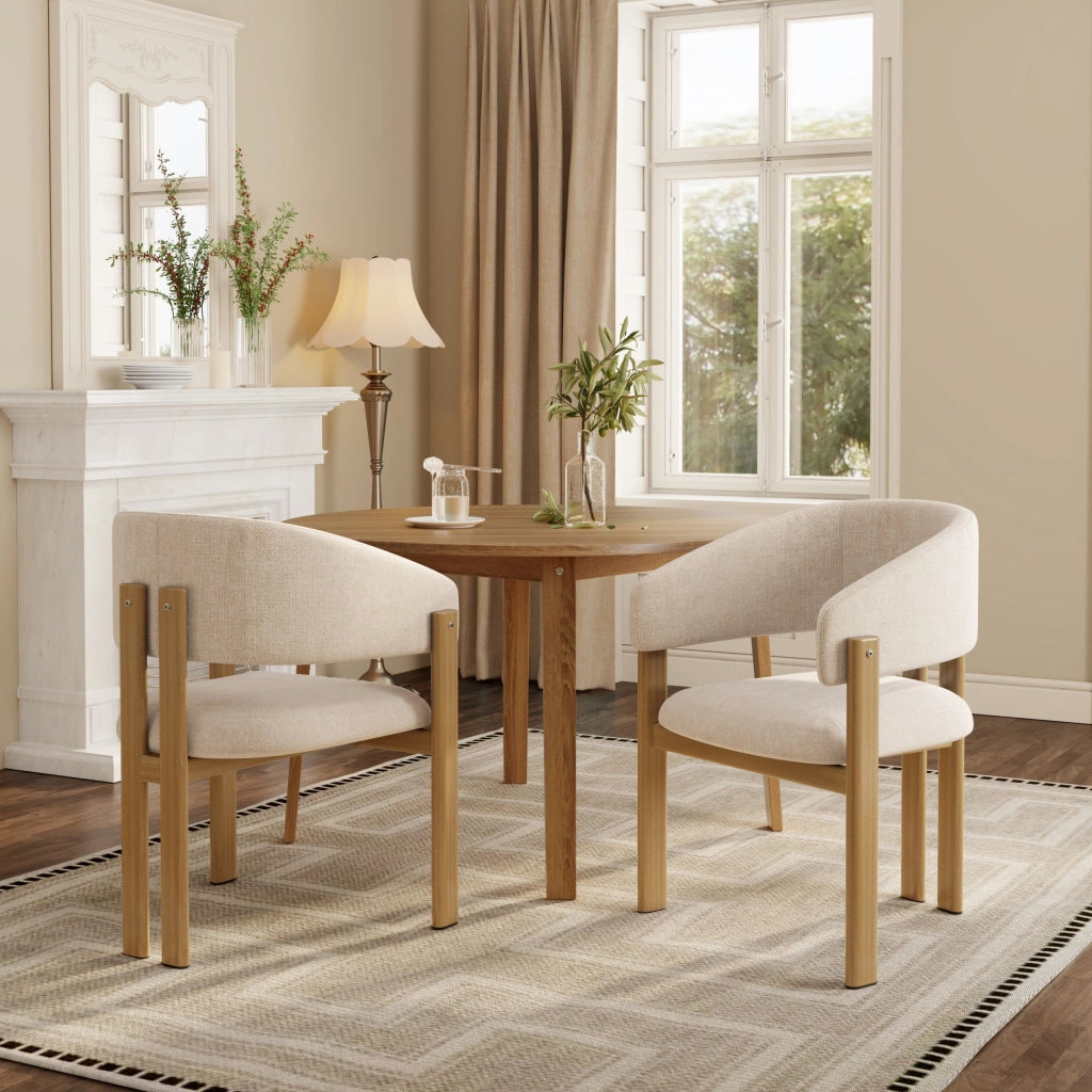 Sedia da pranzo, set da 2, gambe in metallo effetto legno, lino, color naturale e beige