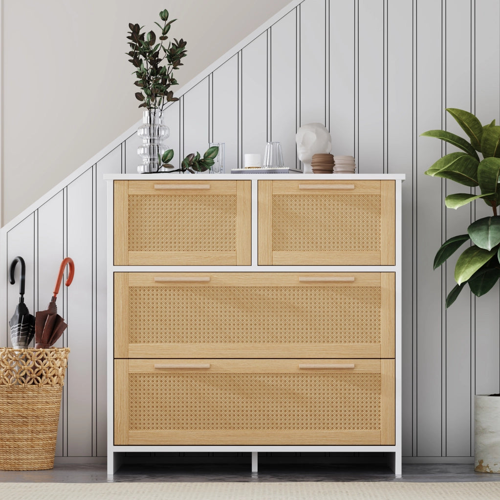 Cassettiera 80x38x80 cm con 4 cassetti; guide scorrevoli; MDF; naturale e bianco