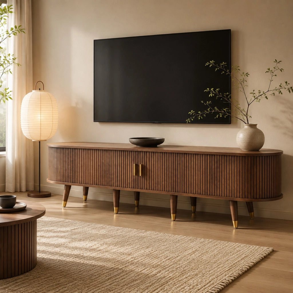 Mobile TV da 175 cm con porta scorrevole in rattan