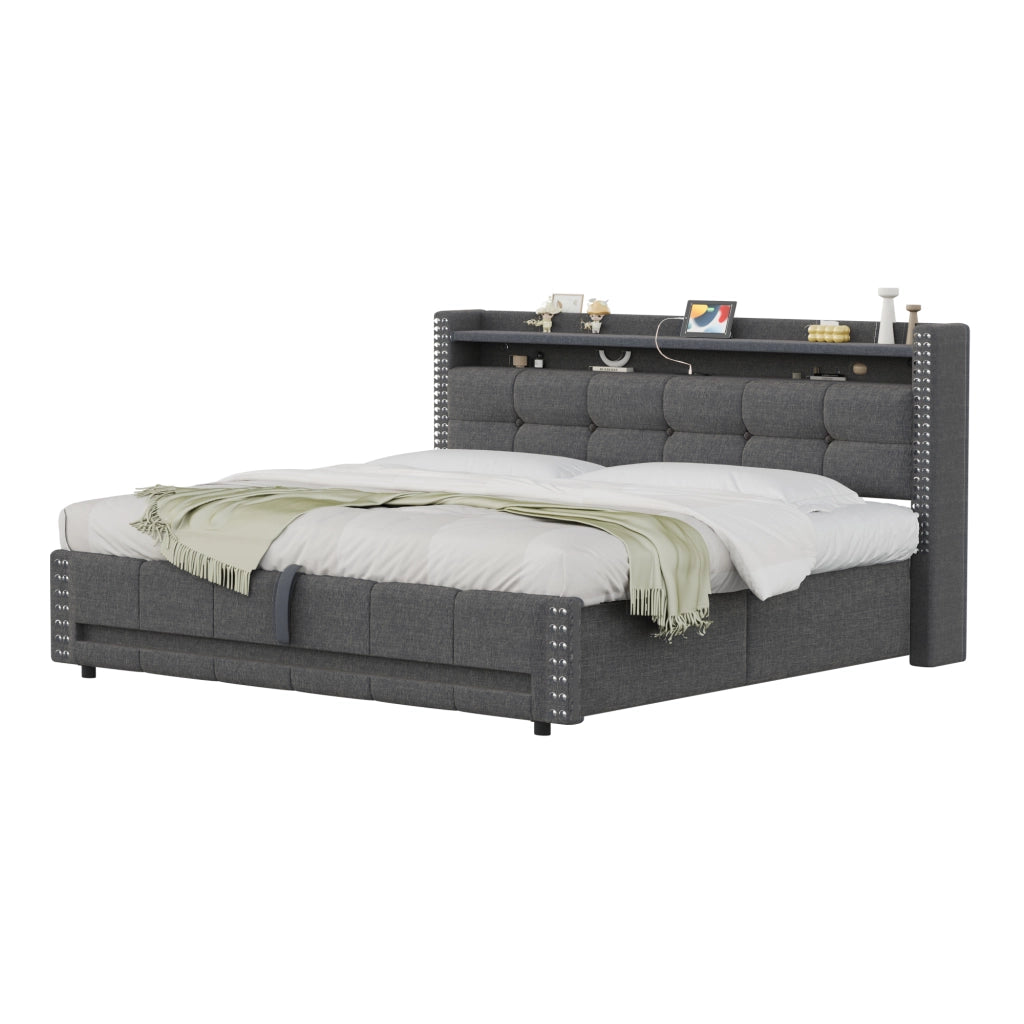 Letto Matrimoniale 160x200 cm; Letto Contenitore con USB; LED e Mensole in Tessuto Grigio