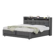 Letto Matrimoniale 160x200 cm; Letto Contenitore con USB; LED e Mensole in Tessuto Grigio