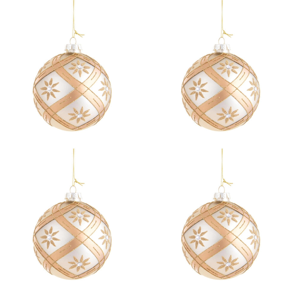 Palline di Natale in Vetro Bianche con Fiori e Diamanti Oro 10 cm 4 pz