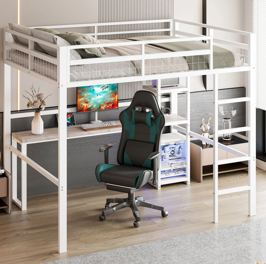 Letto a soppalco ULEVR 140x200 cm con scrivania, ripiani, presa USB e Type-C, metallo bianco