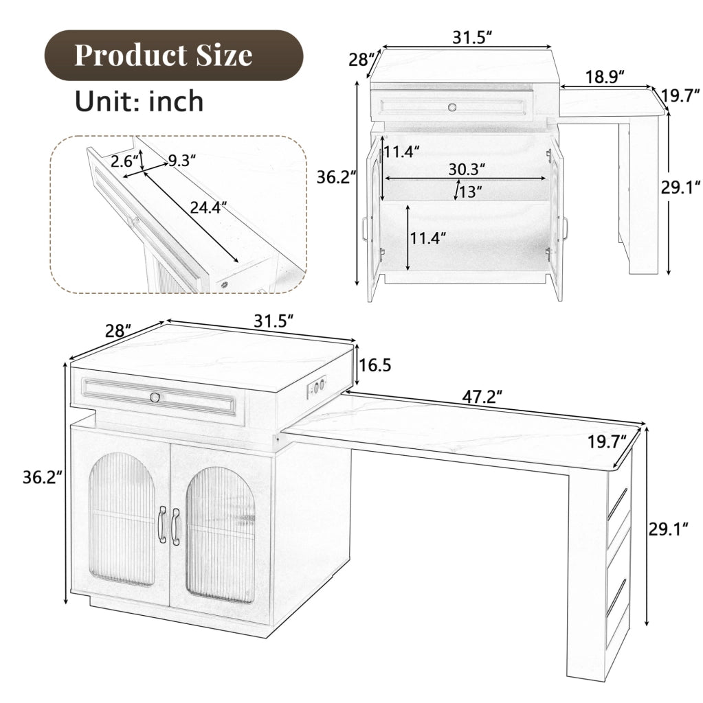 Isola cucina estensibile con LED e ricarica USB/Type-C, nera