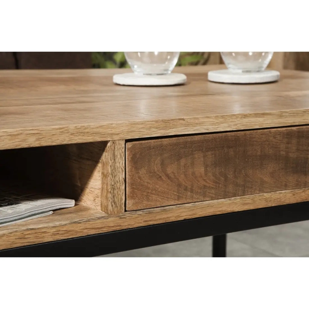 Tavolino LODEN 100 cm in legno massiccio di mango con vani contenitori e metallo nero - stile industriale
