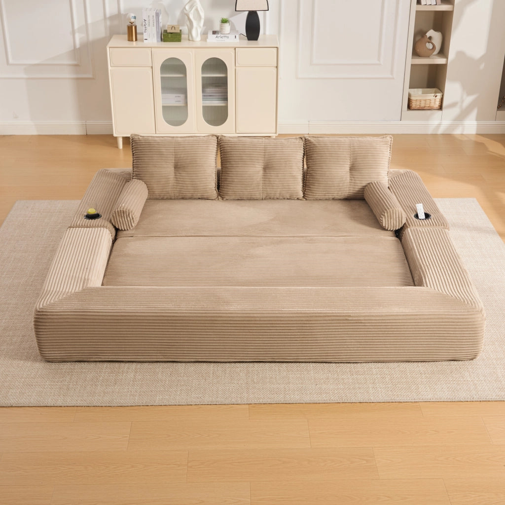 Divano convertibile modulare con cuscini in memory foam, tasche laterali e portabicchieri, in tessuto a coste khaki