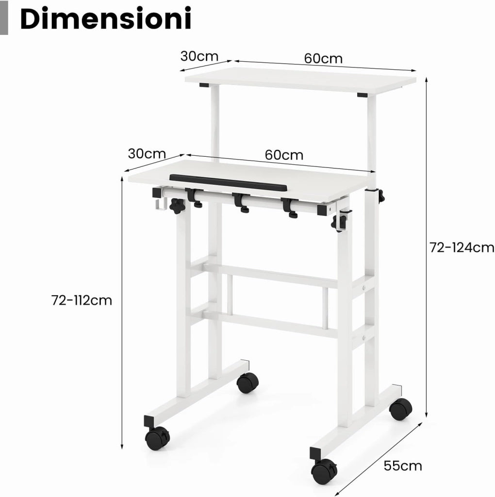 Scrivania per Computer Regolabile in Altezza, Scrivania Salvaspazio con Ruote e Ganci, Tavolo Porta PC per Studio e Ufficio, 60 x 60 x 72-124 cm (Bianco)