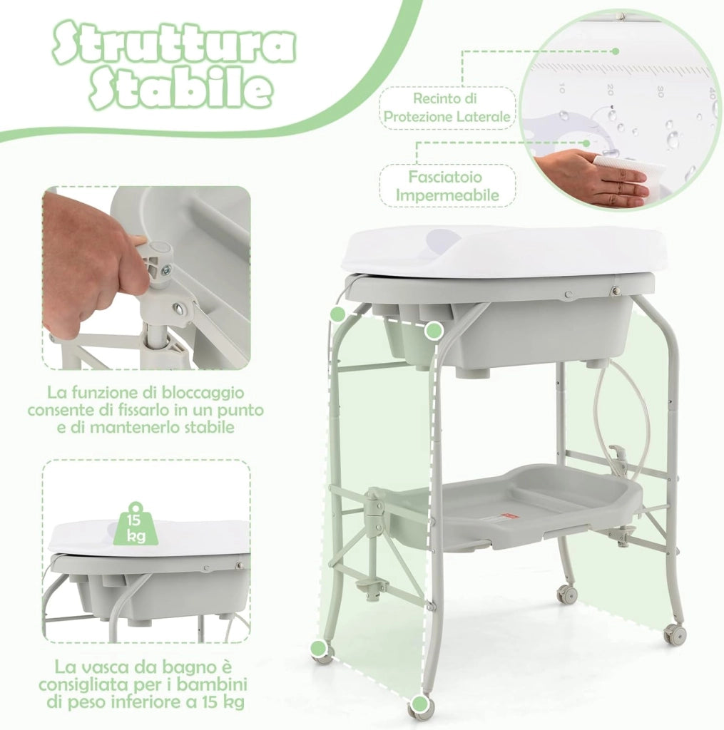 Fasciatoio con Vaschetta Bagnetto 2 in 1, Vasca da Bagno Pieghevole per Bambini, Fasciatoio con Materassino, Cestino Portaoggetti, Ruote con Freno, Portata 35kg+15kg (Grigio Chiaro)