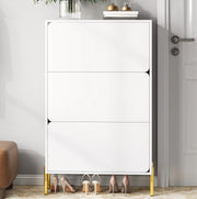 Scarpiera salvaspazio bianca a 3 ante con gambe in metallo dorato; 73x24x120 cm