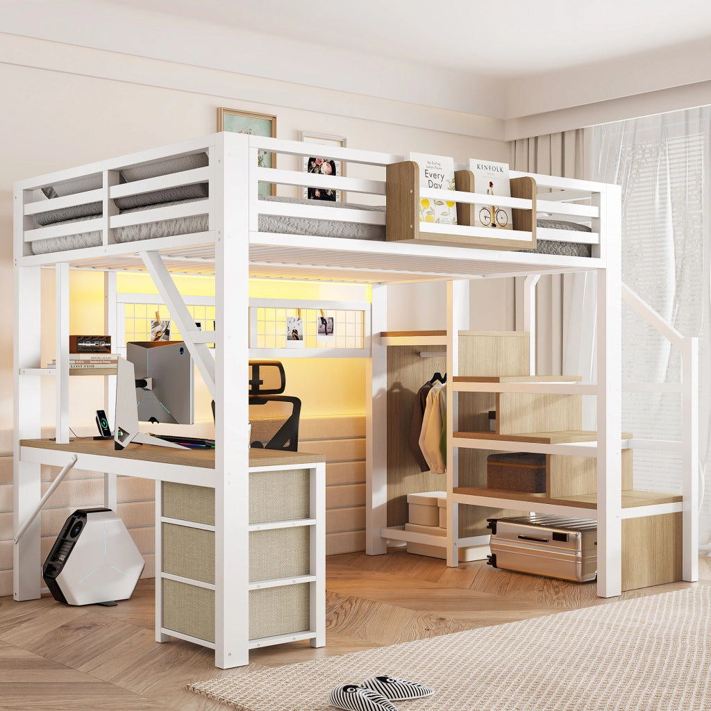 Letto a soppalco 140x200 cm con scrivania; 3 cassetti e LED in MDF e metallo bianco