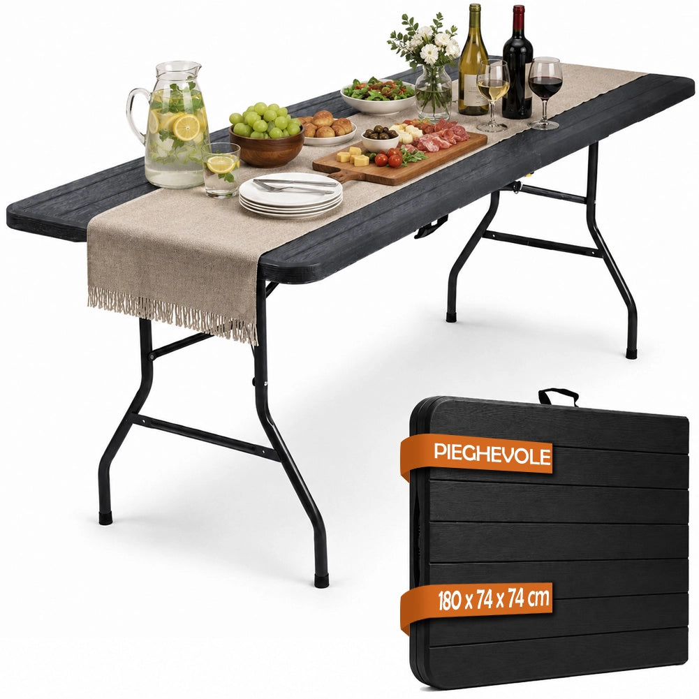 Tavolo Pieghevole Nero Effetto Legno Resistente Tavolino da Esterno 180x74x74cm