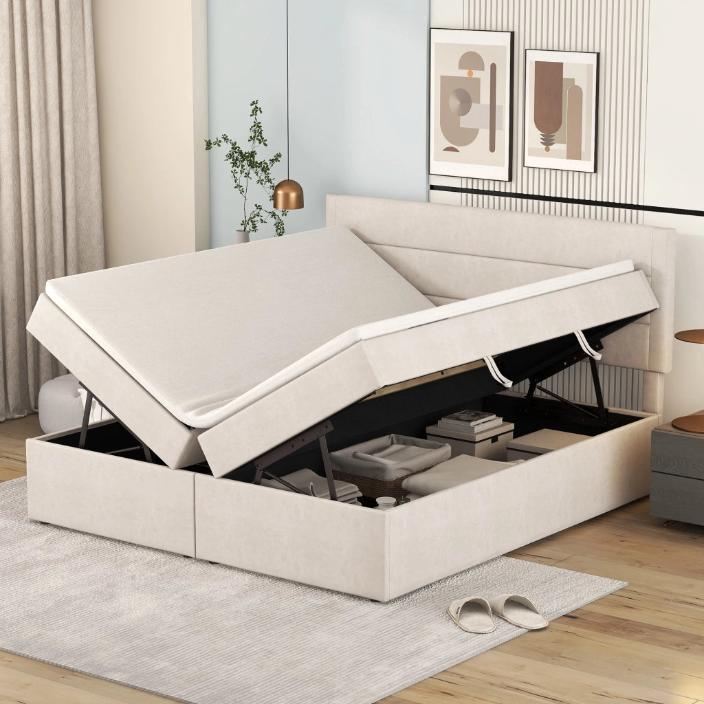 Letto matrimoniale imbottito 140x200 cm con rete sollevabile e grande contenitore, Beige
