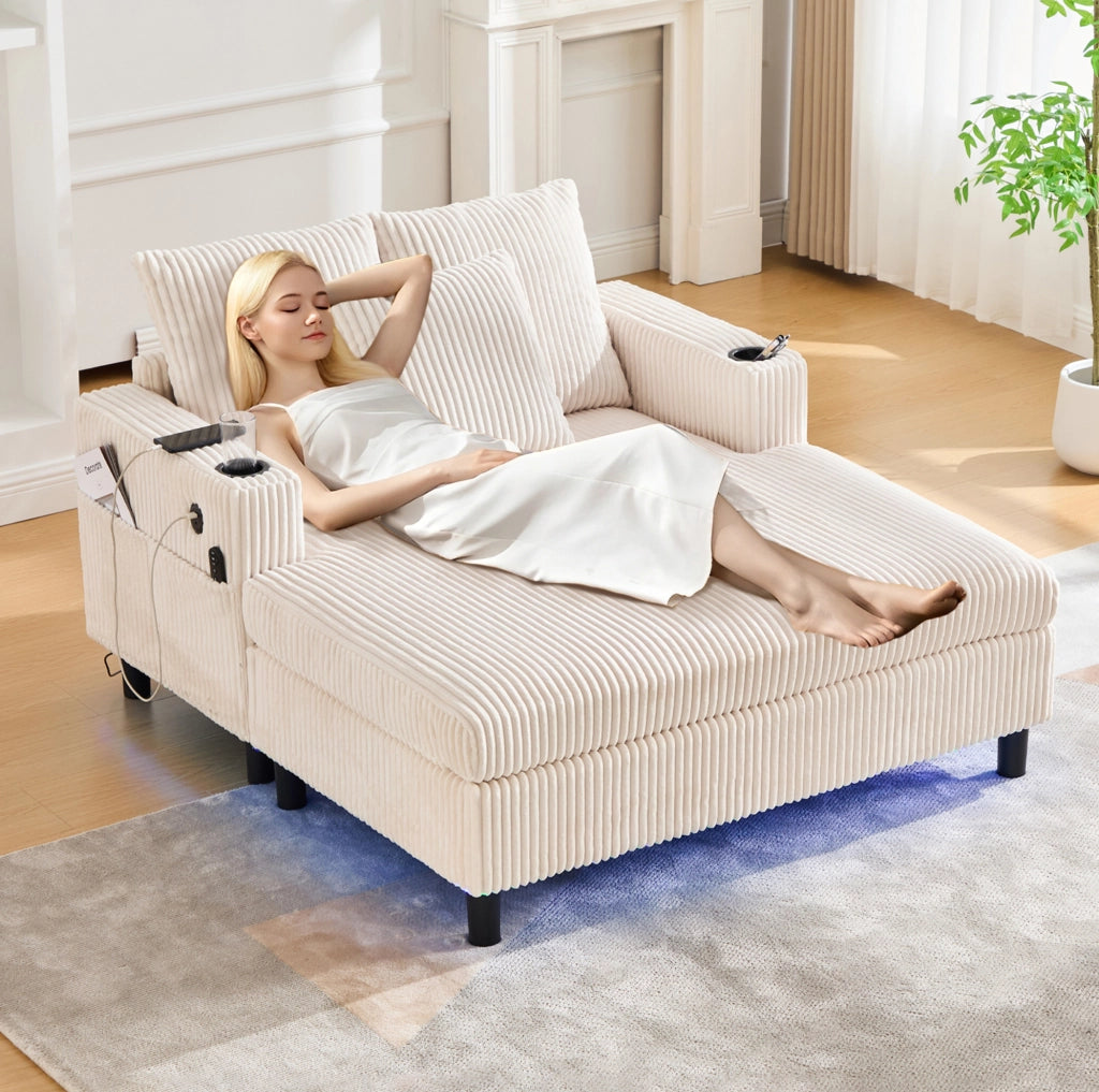 Poltrona relax oversize con LED; porta USB e portabevande; 142×128×85 cm; velluto a coste beige