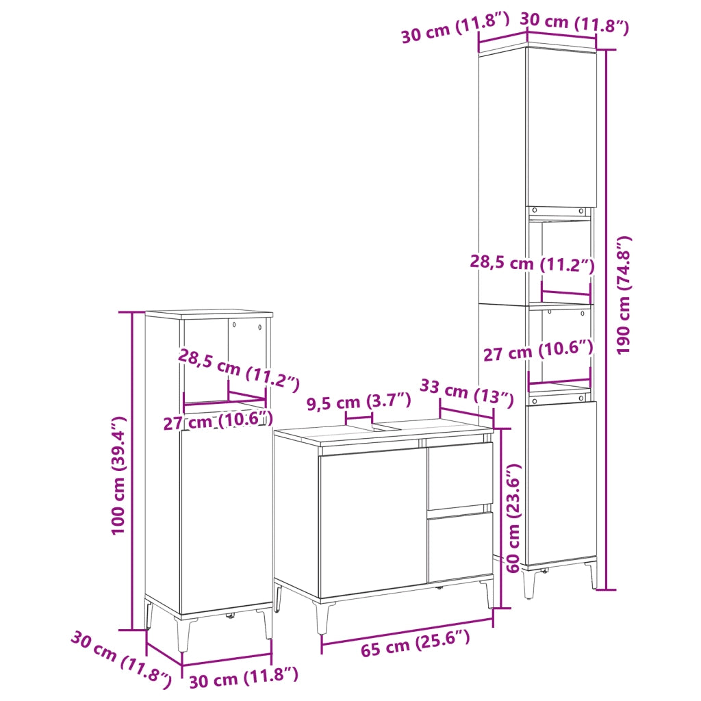 Set Mobili da Bagno 3 pz Rovere Sonoma in Legno Multistrato 3282654