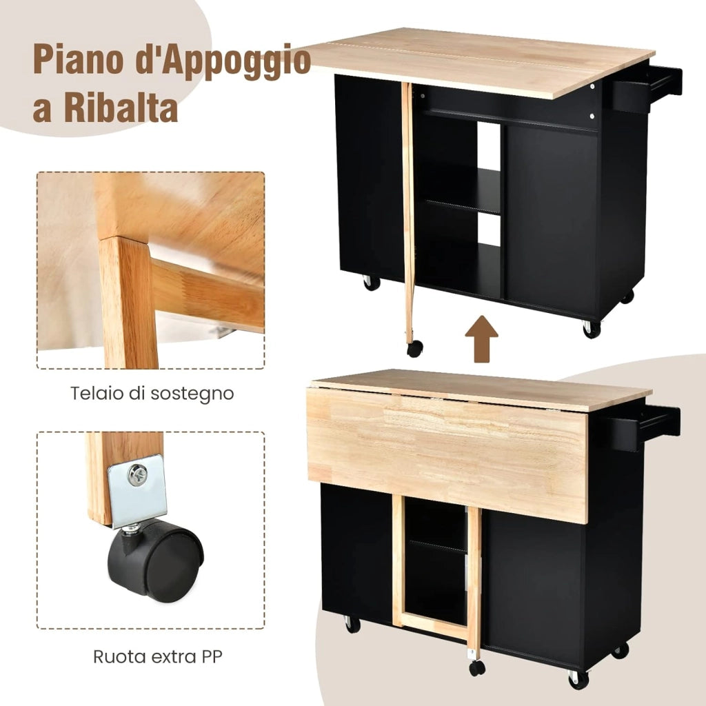 COSTWAY Carrello da Cucina con Cassetto, Carrello Servizio con Ripiano Aperto e Pieghevole, Carrello Multiuso con Ruote e Portasciugamani, 124x76x92 cm (Nero)