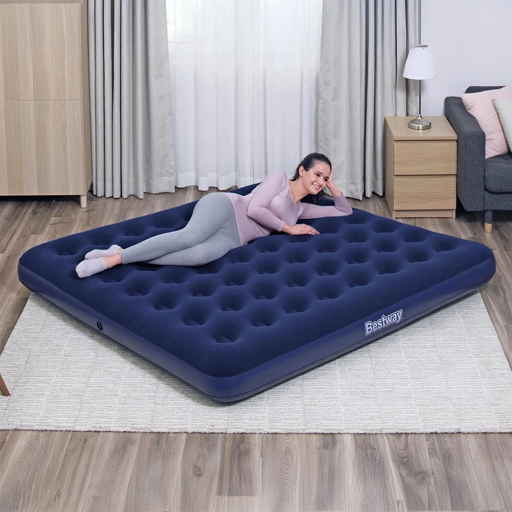 Trade Shop - Materasso Matrimoniale Gonfiabile Campeggio Blu Floccato 2 Piazze E Mezzo 203x183x22cm 67004 -