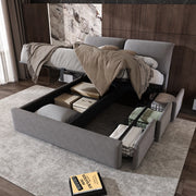 OKWISH Letto Contenitore 140×190 cm, Letto Matrimoniale con 3 Cassetti, Sollevamento Idraulico e Testiera Regolabile, senza Materasso, Velluto, Grigio