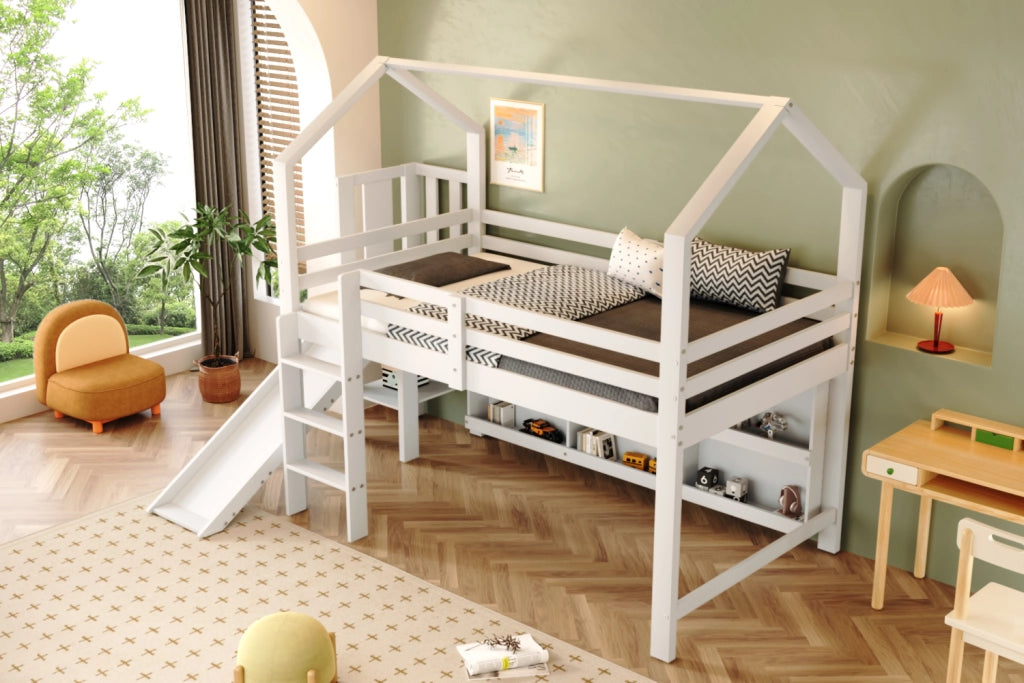 Letto singolo multifunzionale 90x200 cm con scivolo, armadietti e ripiani, bianco, senza materasso